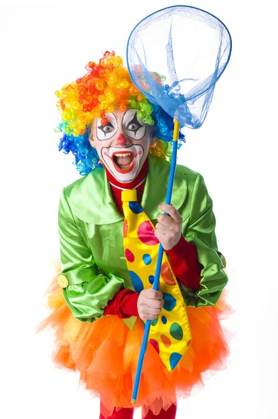 Světlé emocionální klaun na bílém pozadí — Stock fotografie