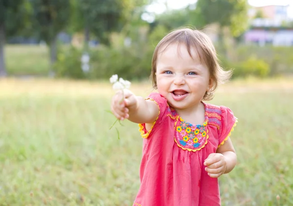 Portrait of the little girl with a field flower — Zdjęcie stockowe