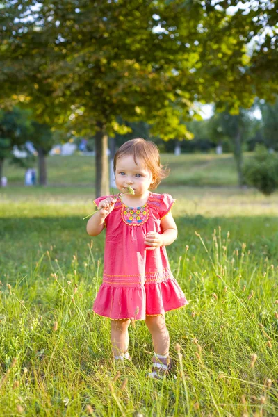One-year-old girl on walk in park — Stockfoto
