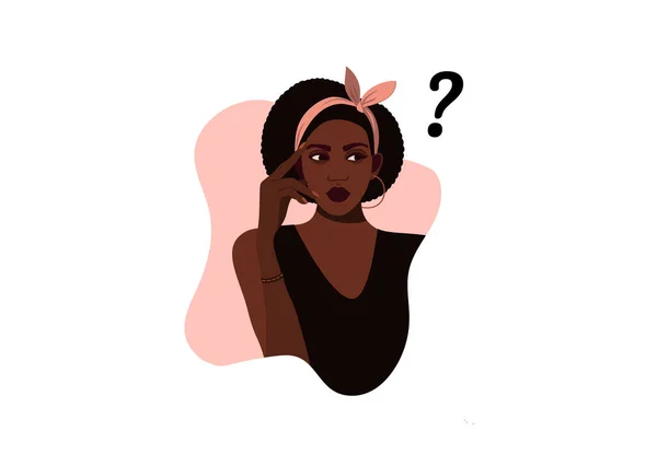 Svarta tjejen tänker. Vackert ansikte, frågetecken — Stock vektor