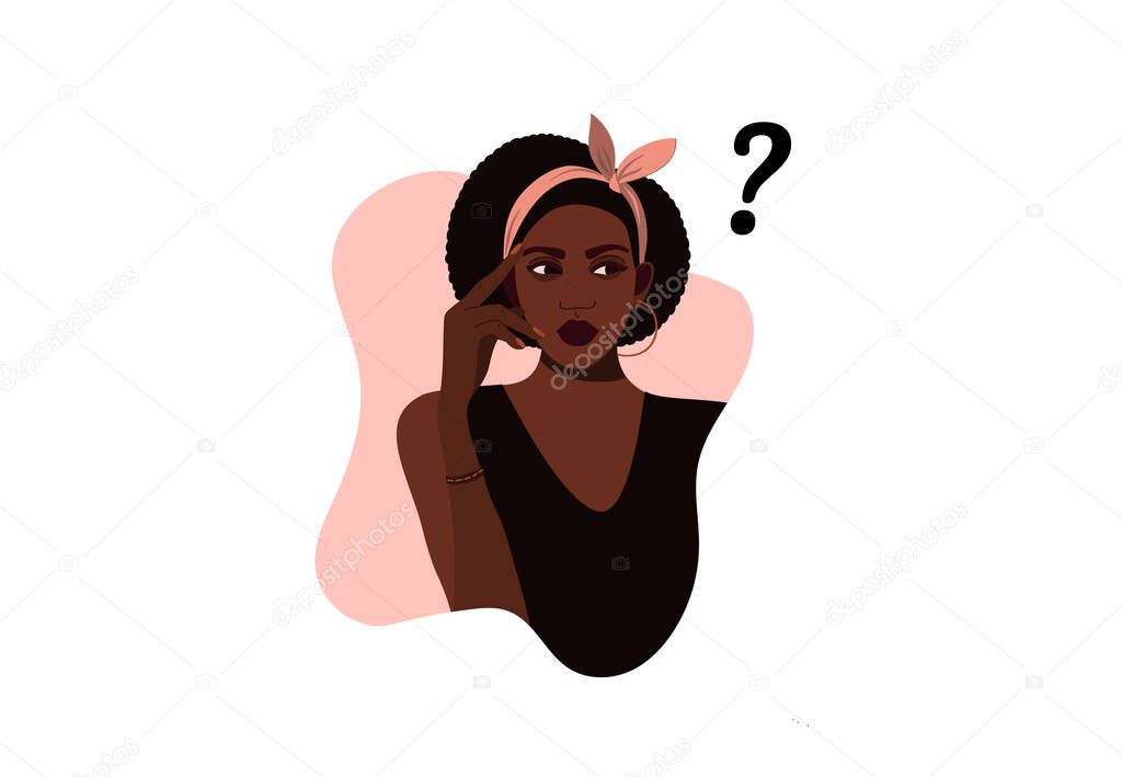 Black girl thinks. Beautiful face, question mark