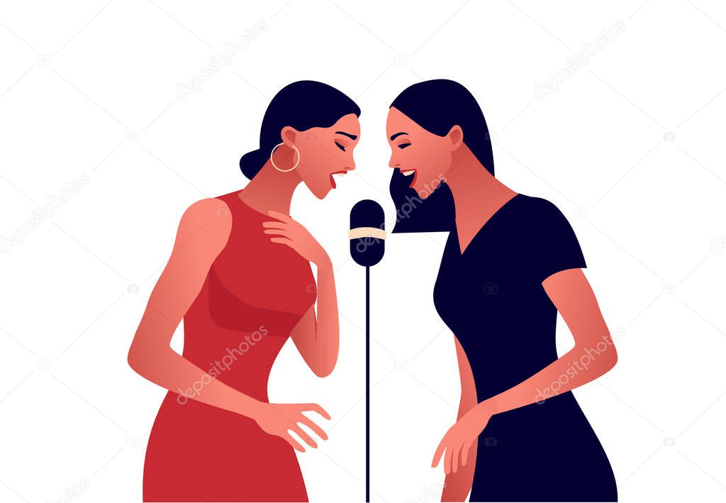 Elegant women in red dress singing in microphone