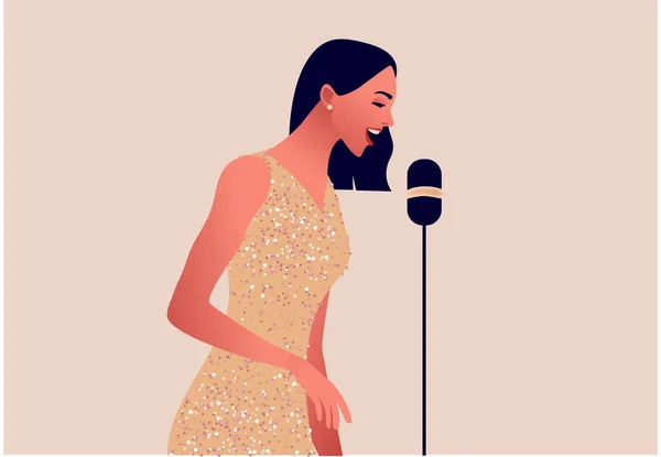 Elegant women in red dress singing in microphone — Stock Vector