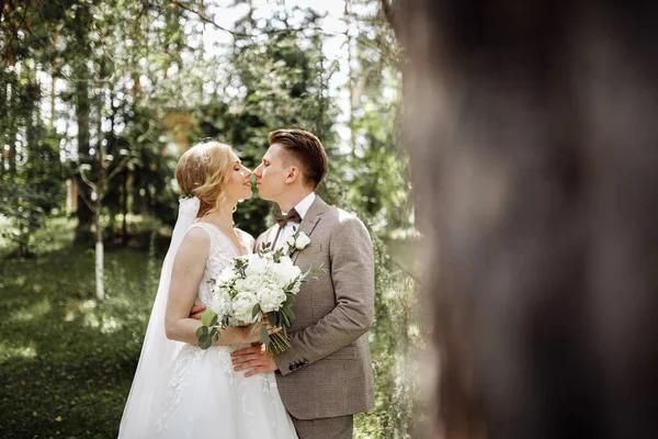 Luxury Stylish Young Bride Groom Background Spring Sunny Green Forest — Stock Photo, Image