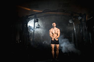 Spor salonunda poz veren, kaslı, atletik vücutlu bir sporcu. Yüksek kalite fotoğraf