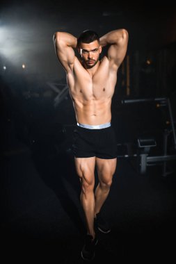 Kaslı atlet kaslarını, gövdesini, trisepslerini ve göğüs kaslarını gösteriyor. Yüksek kalite fotoğraf