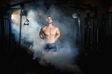 Spor salonunda poz veren, kaslı, atletik vücutlu bir sporcu. Yüksek kalite fotoğraf