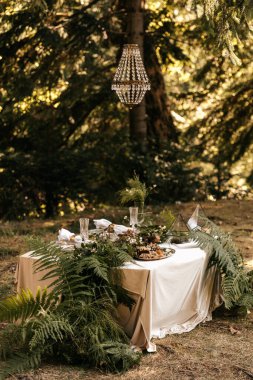 Ormanda iki kişilik şölen masası. Ziyafet masası. Yeni evliler için presidyum. - Evet. Yüksek kalite fotoğraf