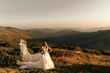 Beyaz gelinlikli güzel gelin güneşin altında duruyor ve dağlarda gülümsüyor. Yüksek kalite fotoğraf