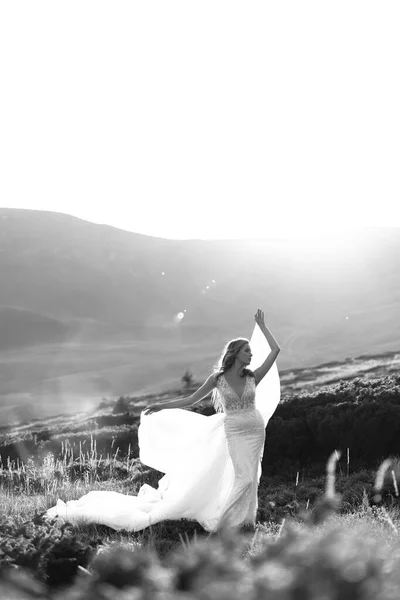 Mooie Bruid Een Witte Trouwjurk Staat Poserend Zon Glimlacht Bergen — Stockfoto