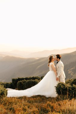 Güzel bir çiftin arka planında birbirine aşık güzel bir çiftin dağlarda kucaklaşması. Yüksek kalite fotoğraf