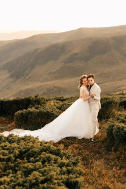 Güzel bir çiftin arka planında birbirine aşık güzel bir çiftin dağlarda kucaklaşması. Yüksek kalite fotoğraf