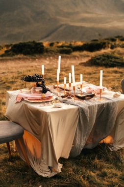 Düğün, düğün, dekorasyon, dekorasyon, düğün dekorasyonu, iki kişilik açık hava düğün masası. Altın kolyeler, pembe dekorlar. Yüksek kalite fotoğraf