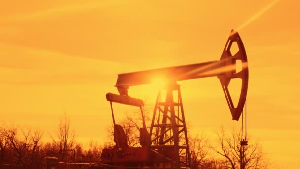 Silhuett av en oljemaskin. oljepumpar rigg på bakgrunden av solnedgången. Högkvalitativ 4k-film — Stockvideo