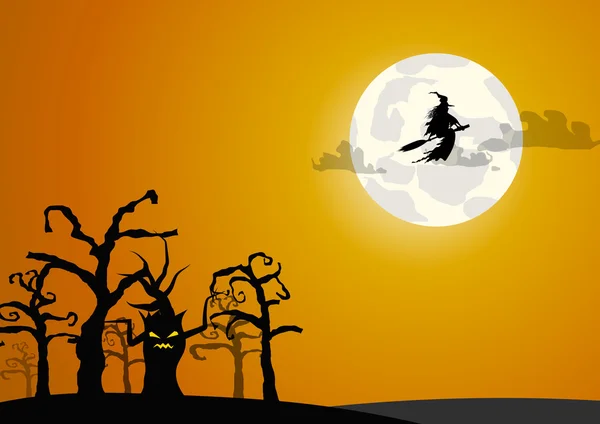 Vetor: Bruxa com árvores halloween fundo —  Vetores de Stock