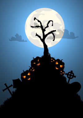 Vektör: Halloween arka plan ağaç mezar ve kabaklar