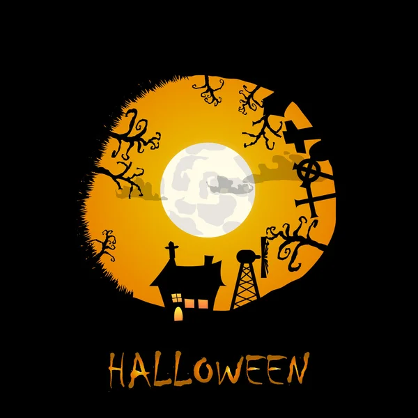 Vector : House graveyard and trees halloween background in circl — Stock Vector