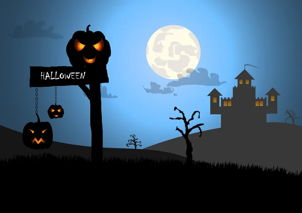 Vektor: Halloween-Hintergrund mit Holzschild und Burghintergrund — Stockvektor