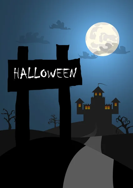 Vector: Fondo de Halloween con letrero de madera y fondo del castillo — Vector de stock