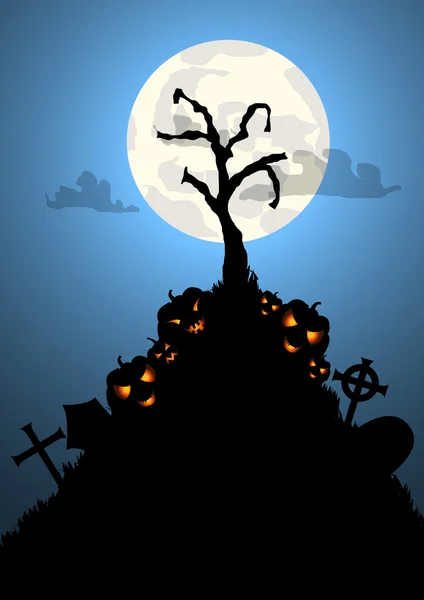 Vetor: fundo de Halloween com árvore sepultura e abóboras —  Vetores de Stock