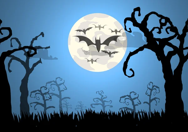 Vetor: árvores e morcegos halloween fundo —  Vetores de Stock
