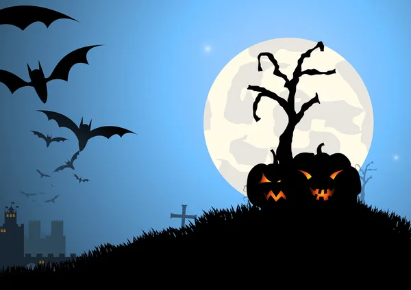 Vektor: Fledermausbäume und Kürbis-Halloween-Hintergrund — Stockvektor