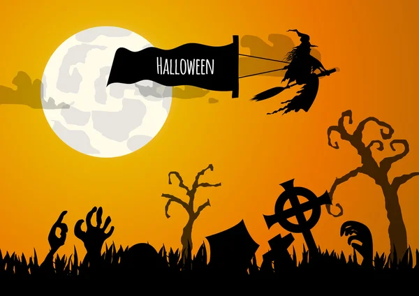 Vector: zombi mano y cementerio halloween fondo — Vector de stock