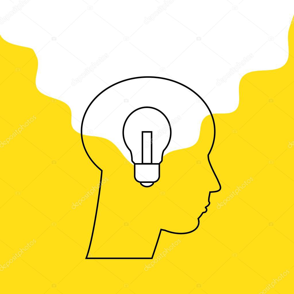 Flat design banner. Silhouette line human head with light bulb vector illustration. Creative thinking and imagination concept. Big idea, generation of decisions, enlightenment.