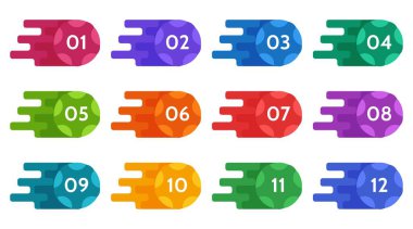 Mermi noktaları veri, bilgi işaretleyicileri. Simge oku ayarlandı. 1 'den 12' ye kadar olan Bayraklar Düz Tasarım Vektörü. Infographic illüstrasyon.