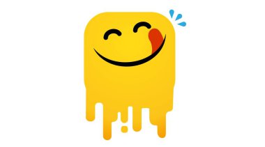 Lezzetli yüzlü mutlu gülümseme vektör çizgi film çizgisi. Dil yalayıcı. Lezzetli lezzetli yiyecekler sarı dizayn arkaplan ikon vektörü üzerinde emoji suratı yiyor