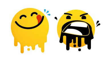 Bad experience feedback, unhappy client, overeating , tasteless, service quality, angry face, mad emoticon sticker. Yummy happy smile with tongue lick mouth. Delicious tasty food emoji, vector icon clipart