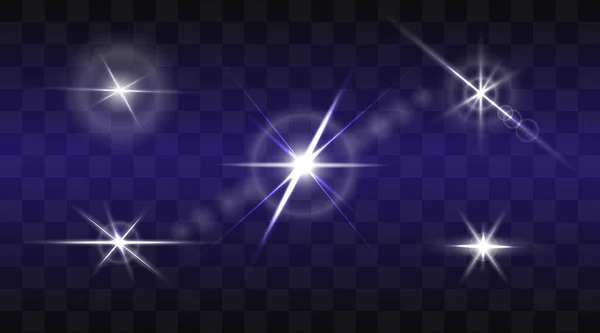 Набор вспышек, вспышек звезд и блесков на прозрачном фоне. золотистый светящийся эффект со световыми лучами. Векторная иллюстрация. — стоковый вектор