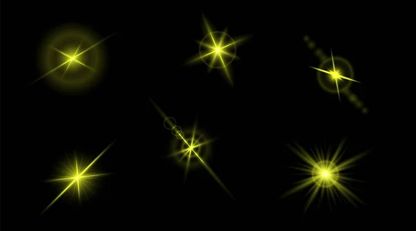 Sada záblesků, prasknutí hvězd a jiskření na průhledném pozadí. zlatý zářivý efekt se světelnými paprsky. Vektorová ilustrace. — Stockový vektor
