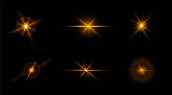 Conjunto de flashes, explosão de estrelas e brilhos em fundo transparente. efeito brilhante dourado com raios de luz. Ilustração vetorial. — Vetor de Stock