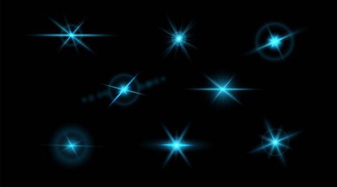 Parlamalar, yıldız patlamaları ve şeffaf arkaplanda parıltılar. Işık ışınlarıyla parlayan altın bir efekt. Vektör illüstrasyonu.