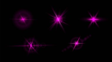 Parlamalar, yıldız patlamaları ve şeffaf arkaplanda parıltılar. Işık ışınlarıyla parlayan altın bir efekt. Vektör illüstrasyonu.