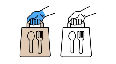 Yemek teslimatı, kese kağıdı, el resmi. Mobil konsept ve web tasarımı için öğle yemeği doğrusal işareti. Fast food basit hat vektörünü kaldırın. Sembol çatal ve kaşık, logo illüstrasyon grafikleri.