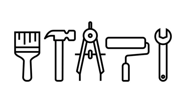 Eenvoudige set van gereedschappen gerelateerd. moersleutel, roller, hamer, borstel, kompas. ontwerp van vectorlijnpictogrammen — Stockvector