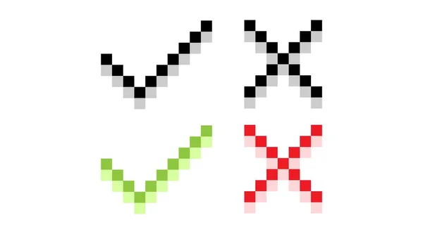 Conjunto de botões de marca vetorial plana marcas de verificação verde e sinais cruzes vermelhas. Ícones de pixel. —  Vetores de Stock