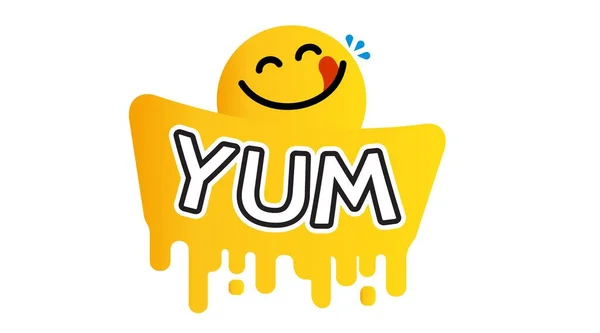 Yummy face happy smile vector cartoon line emoticon with tongue lick mouth. Delicious tasty food eating emoji face on yellow design background Yum icon vector — Stock Vector