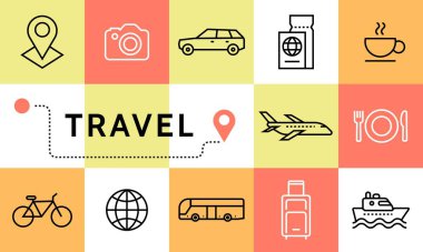 Seyahat ikonları pankartı. Tatil planlaması, varış yeri, tur organizasyonu konsepti. İnce çizgi düz vektör dizaynı kusursuz model arkaplan
