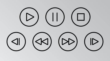 Medya kontrol ağı düğmeleri. Gri yuvarlak şekiller. Vektör satırı simgesi izole edildi