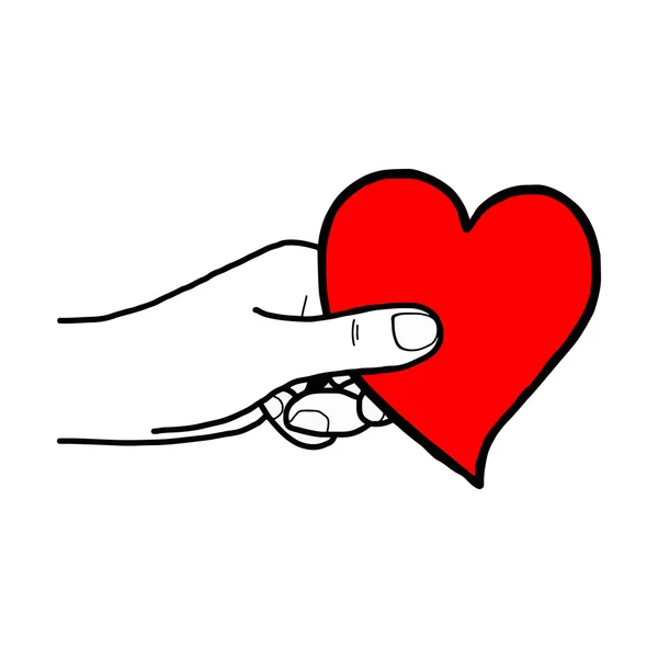 Ilustración vector mano dibujar garabatos de la mano sosteniendo el corazón rojo — Vector de stock