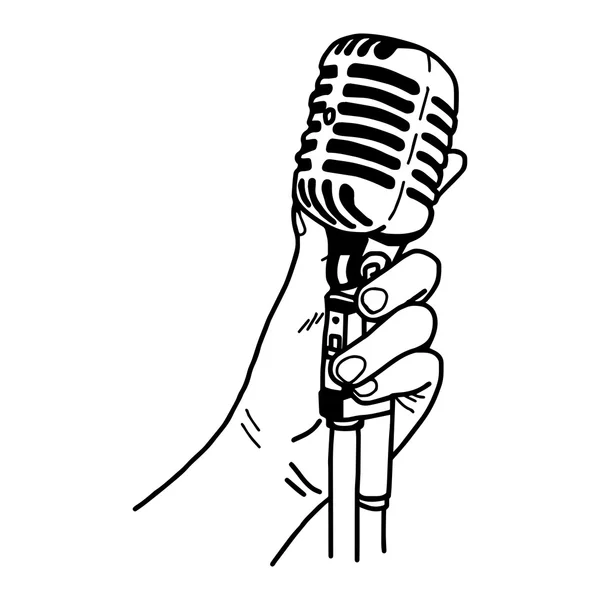 Рисунок вектор руки рисовать каракули рука держа ретро микрофон изолирован на белом — стоковый вектор