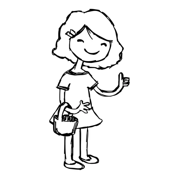 Ilustração vetor mão desenhado doodle de menina sorridente com cesta mostrando polegar para cima . — Vetor de Stock