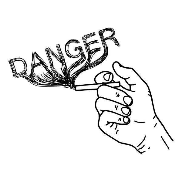 Gambar tangan vektor gambar corat-coret tangan memegang rokok dengan kata asap DANGER - Stok Vektor