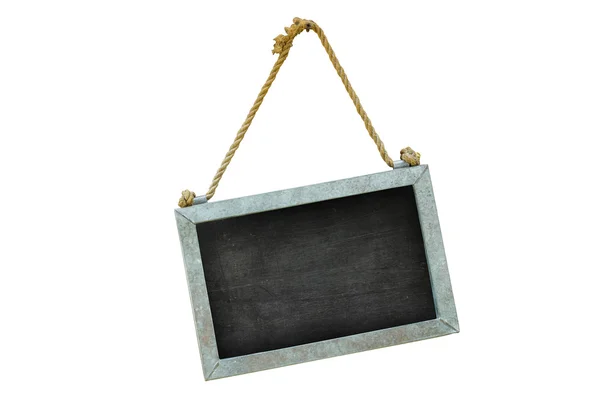 Blackboard with rope hanging in the wall, isolated on white background, clipping path — Stock Photo, Image