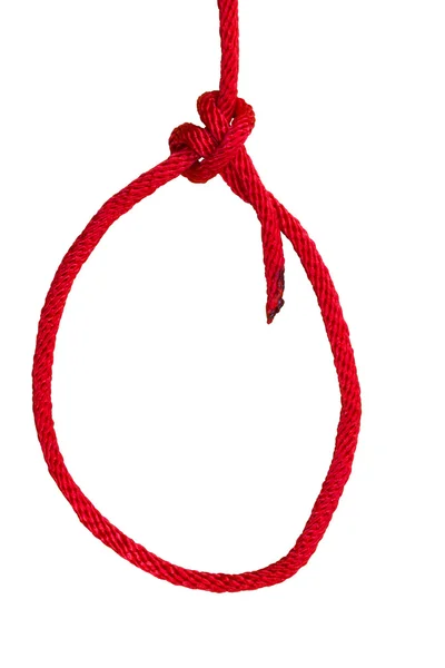 Bowline Knoten aus rotem synthetischem Seil isoliert auf weißem Hintergrund. — Stockfoto