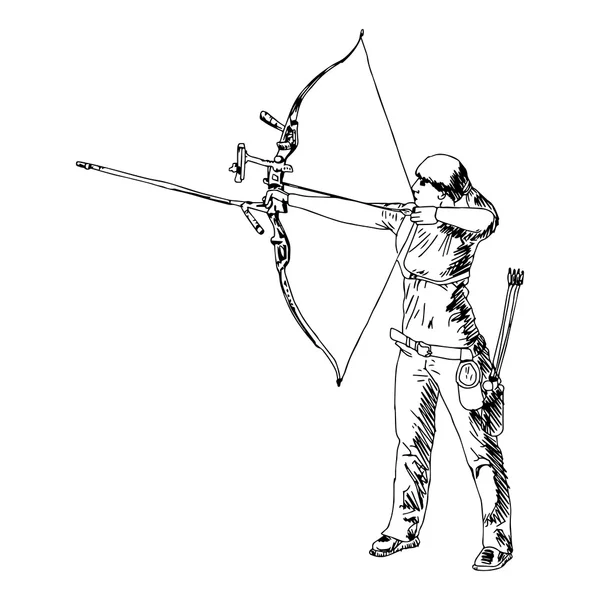 Ilustrace vektor čmáranice ručně kreslený náčrt ženské sportovní lukostřelba izolované na bílém pozadí. — Stockový vektor