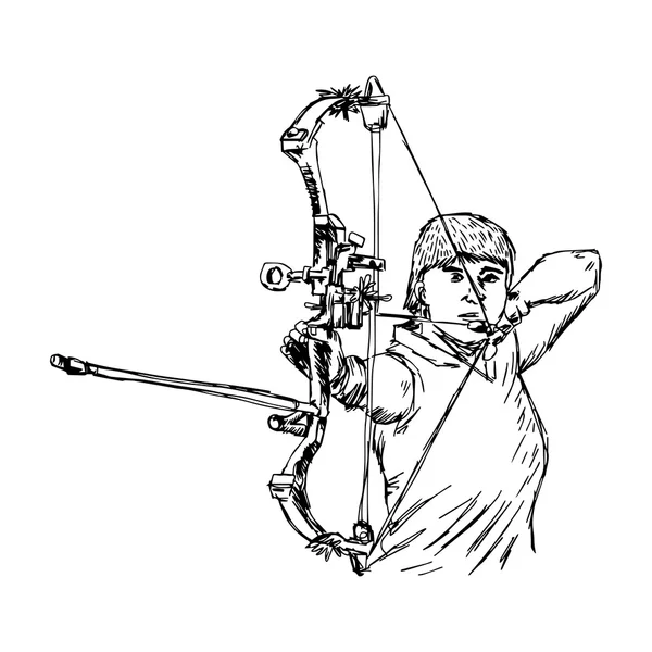 Illustratie vector doodle hand getekend schets van vrouwelijke sport boogschieten geïsoleerd op witte achtergrond. — Stockvector